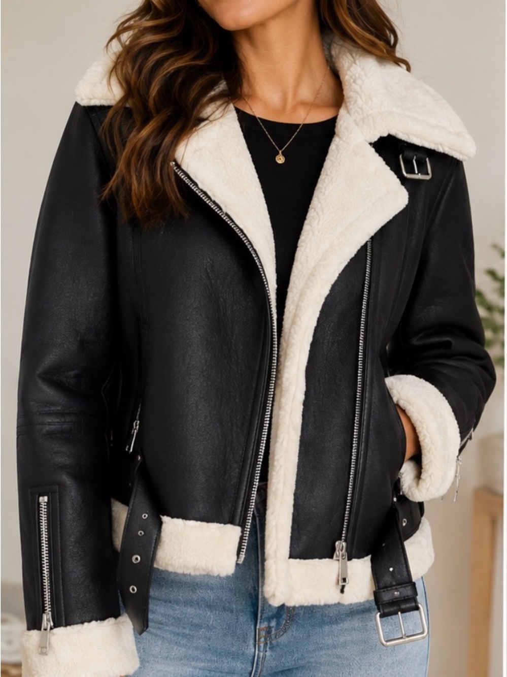 Walter Baker Black Jacket with Cream Sherpa Trim